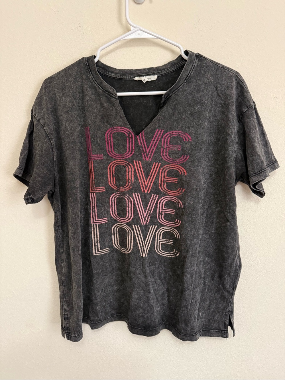Maurices Black Mineral-Wash V-Neck Tee with Pink 'LOVE' Graphic